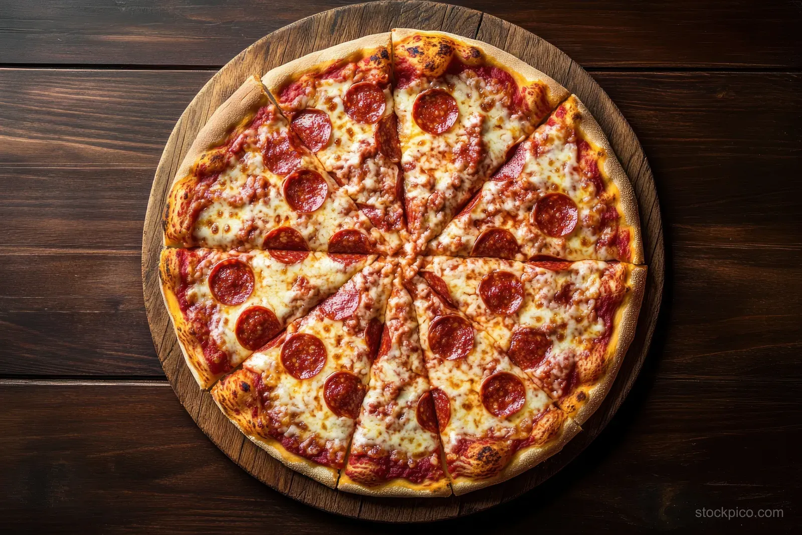 Whole pepperoni pizza on a round wooden board atop a rustic table with browned crust and melted cheese.