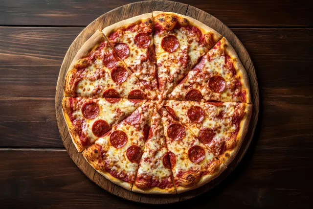 Pizza entera de pepperoni sobre una tabla redonda de madera encima de una mesa rústica, con corteza dorada y queso fundido.