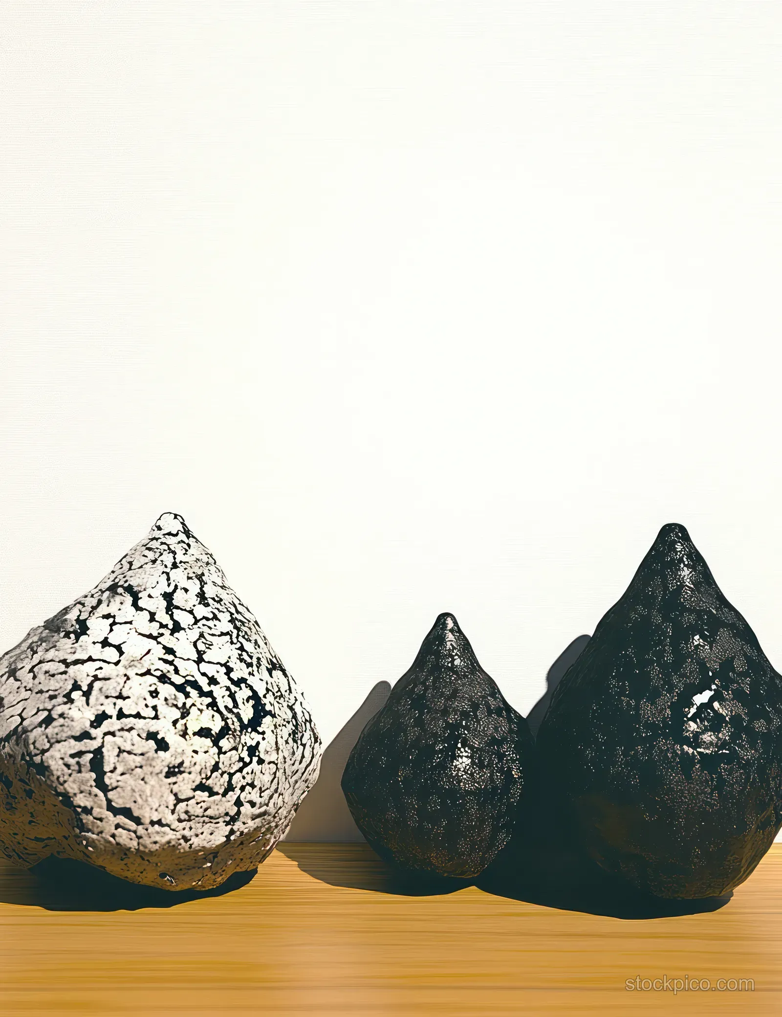 Three textured clay mountain sculptures rest on a wooden shelf under soft light, casting subtle shadows on a plain wall.