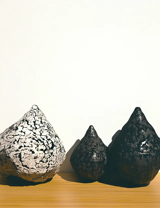Three textured clay mountain sculptures rest on a wooden shelf under soft light, casting subtle shadows on a plain wall.