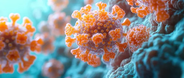 Orange virus-like particles hover near blue skin cell surfaces under dramatic backlighting in a microscopic view.