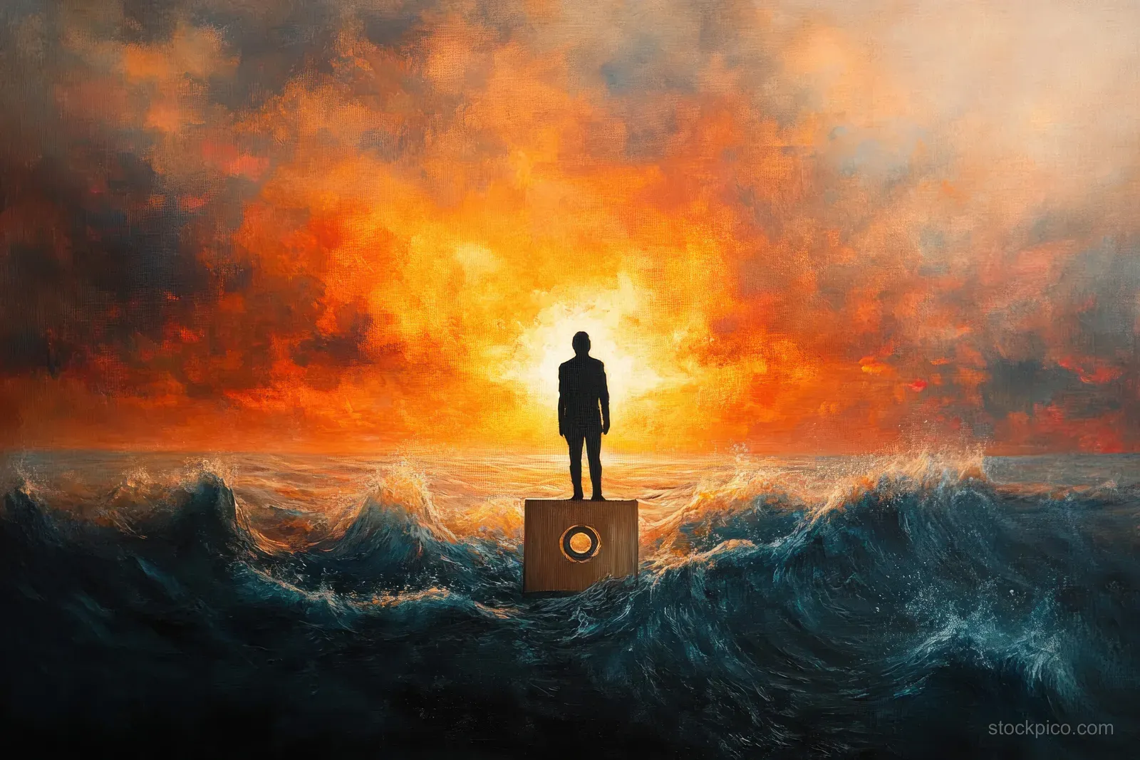 A lone silhouette stands on a small crate in stormy ocean waves under a fiery orange sunset sky.
