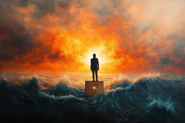 Silhouette stands on a small crate amid stormy waves under fiery orange sunset