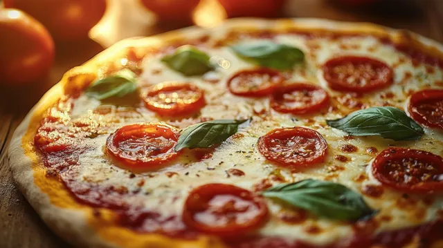 Close-up of a baked pizza with tomato slices, basil leaves, and melted mozzarella on a wooden board.