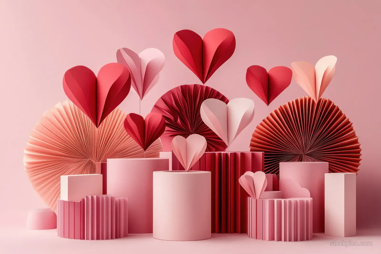 Pastel pink podiums with floating red and pink paper hearts arranged in a romantic still life scene.