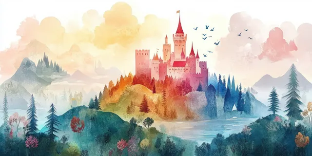 Whimsical watercolor castle atop rolling hills with winding path and pastel clouds