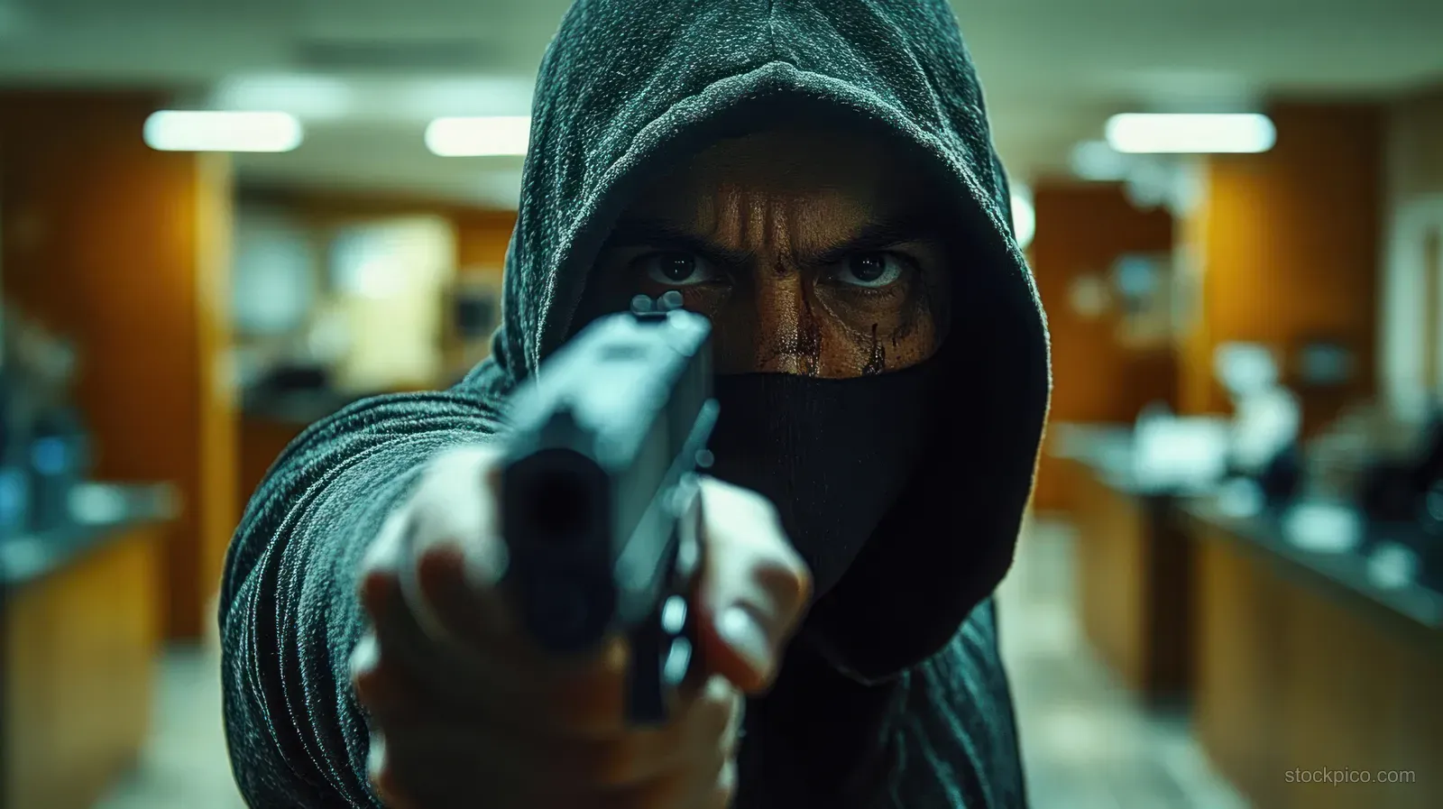 A masked person in a hoodie points a handgun toward the camera indoors.