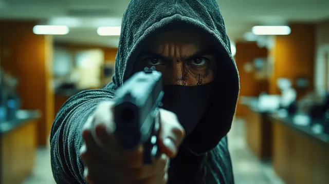 A masked person in a hoodie points a handgun toward the camera indoors.