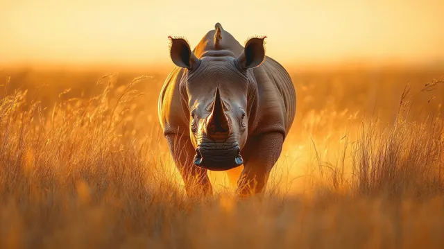 Large rhinoceros walking through tall dry grass under golden hour sunrise light