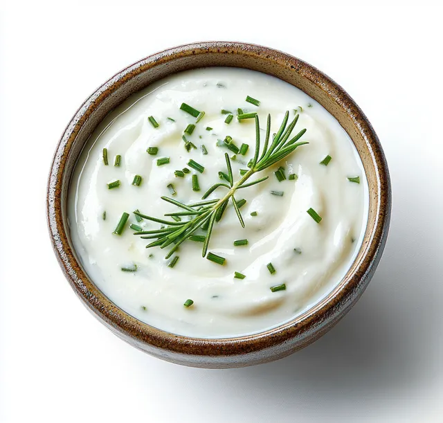 Creamy white dip garnished with chopped chives and rosemary sprig in a rustic ceramic bowl on a white background.