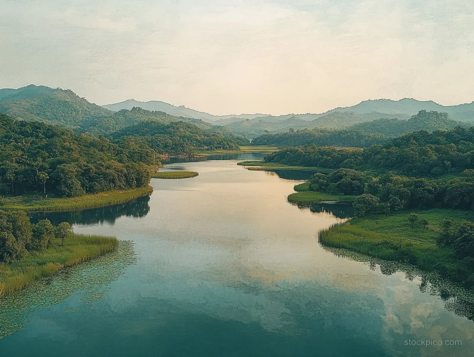 Drone aerial view of turquoise Sermo Lake winding through lush green hills in Indonesia at sunrise.