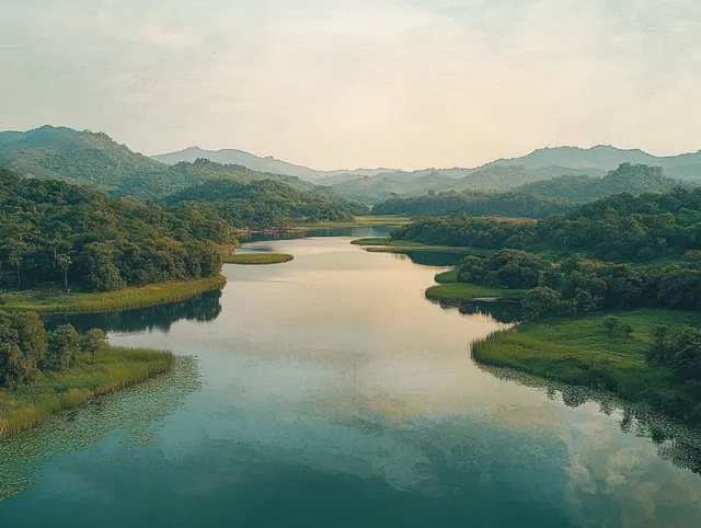 Drone aerial view of turquoise Sermo Lake winding through lush green hills in Indonesia at sunrise.