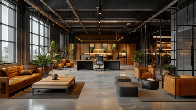 Wide-angle interior of an open office with black walls, glass windows, concrete floor, long desks, and leather seating.