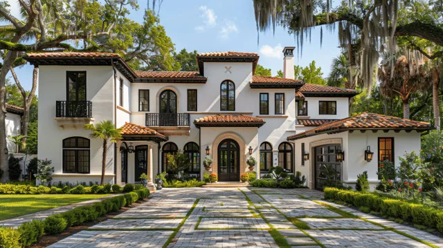 Spanish Colonial home in Florida with white stucco, black windows, terracotta roof, and landscaped gardens.