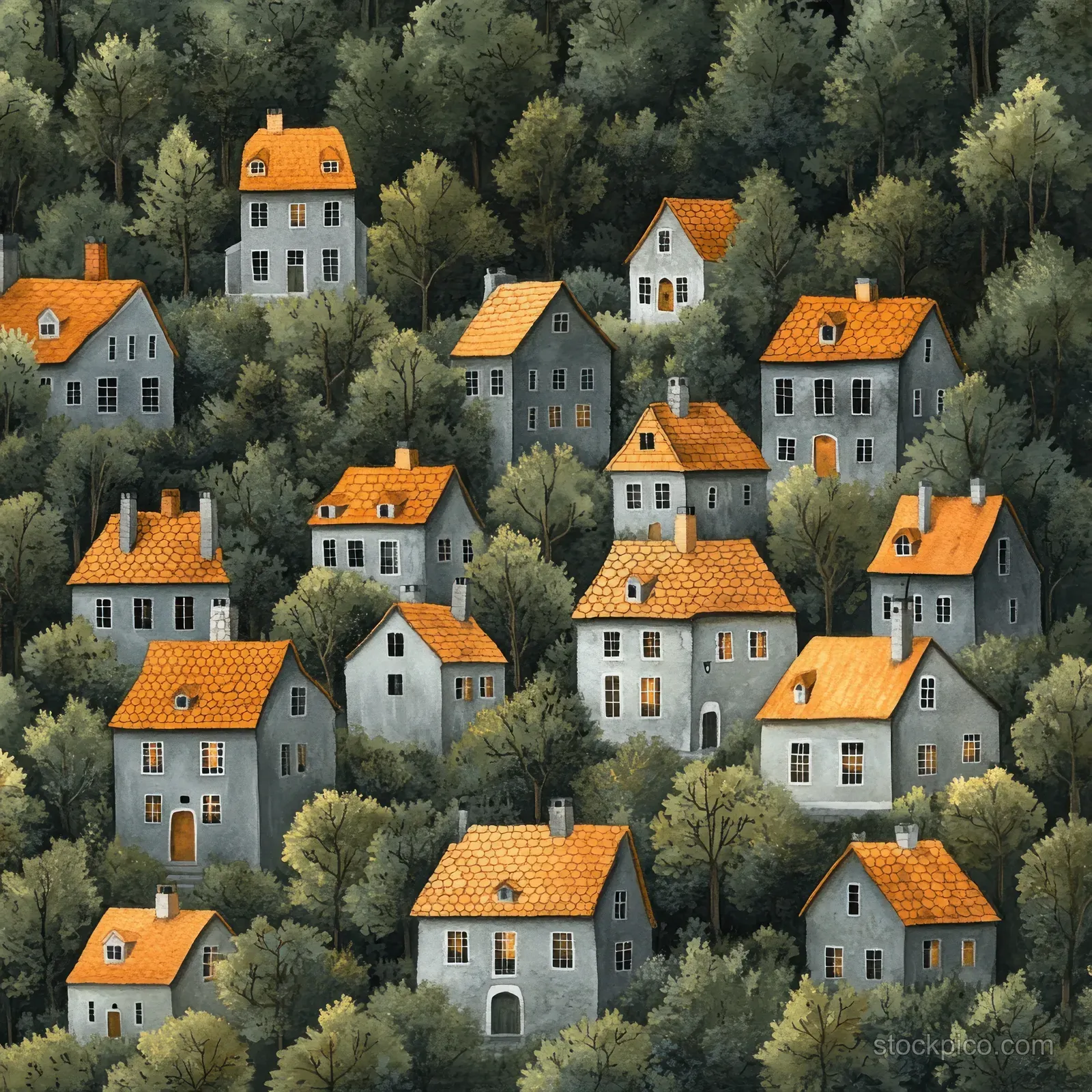 Whimsical village houses with orange roofs and gray walls surrounded by snow-covered trees.