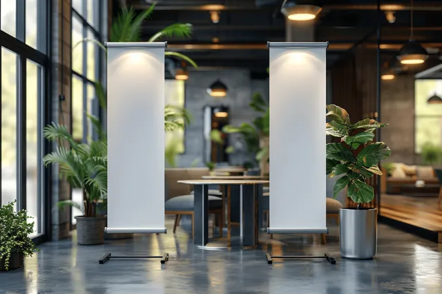 Two blank roll-up banner stands стоят in a modern lobby with plants and tables.