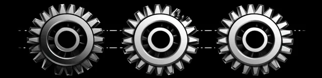 Three interconnected silver gears with sharp teeth sit on black rods against a dark background.
