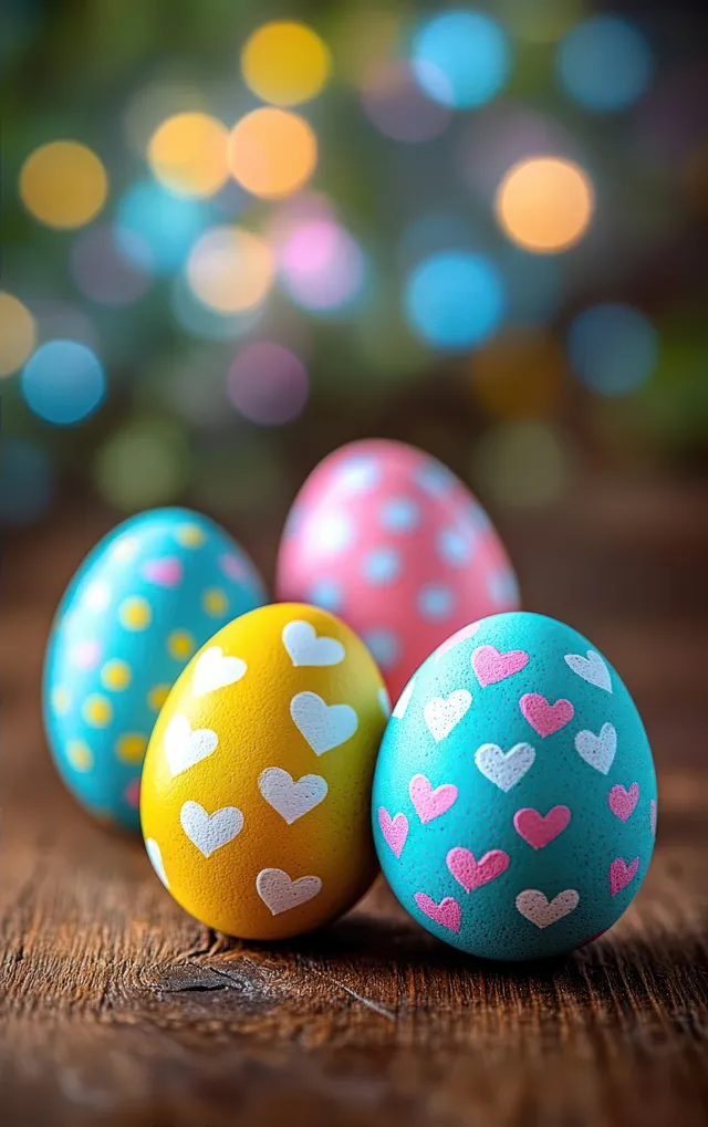 Colorful Easter eggs with heart patterns sit on a wooden table with blurred festive lights in the background.