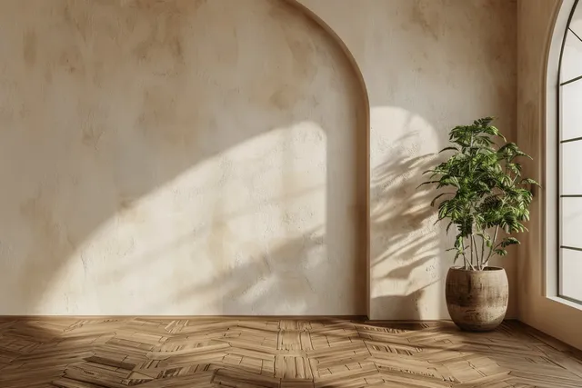 Minimalist empty interior room with beige stucco walls, arched window, potted plant near light