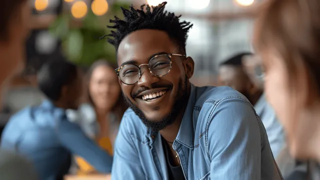 A young man with glasses smiles at a table during an indoor social gathering with people in soft focus behind.