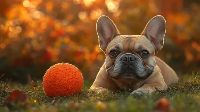 French Bulldog lying in grass chasing an orange ball at golden autumn park