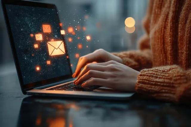 A person types on a laptop with glowing envelope and notification icons floating above the screen.