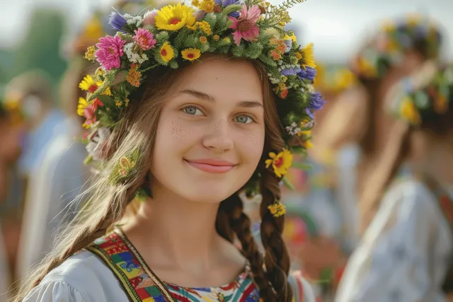 Ukrainian woman smiling outdoors during celebration, wearing floral wreath and traditional embroidered dress