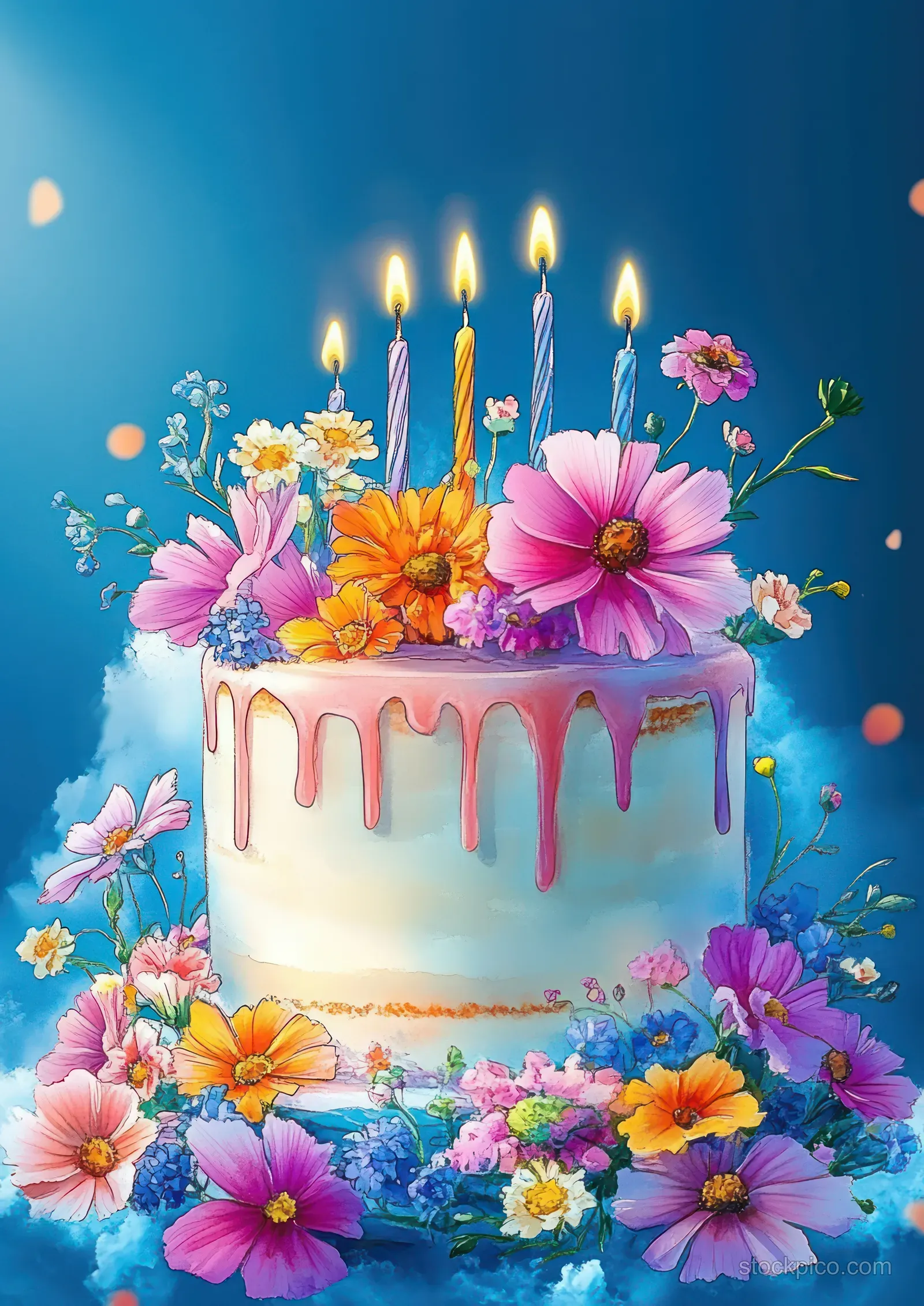 Birthday cake with dripping frosting, lit candles, and colorful flowers on a blue illustrated background.