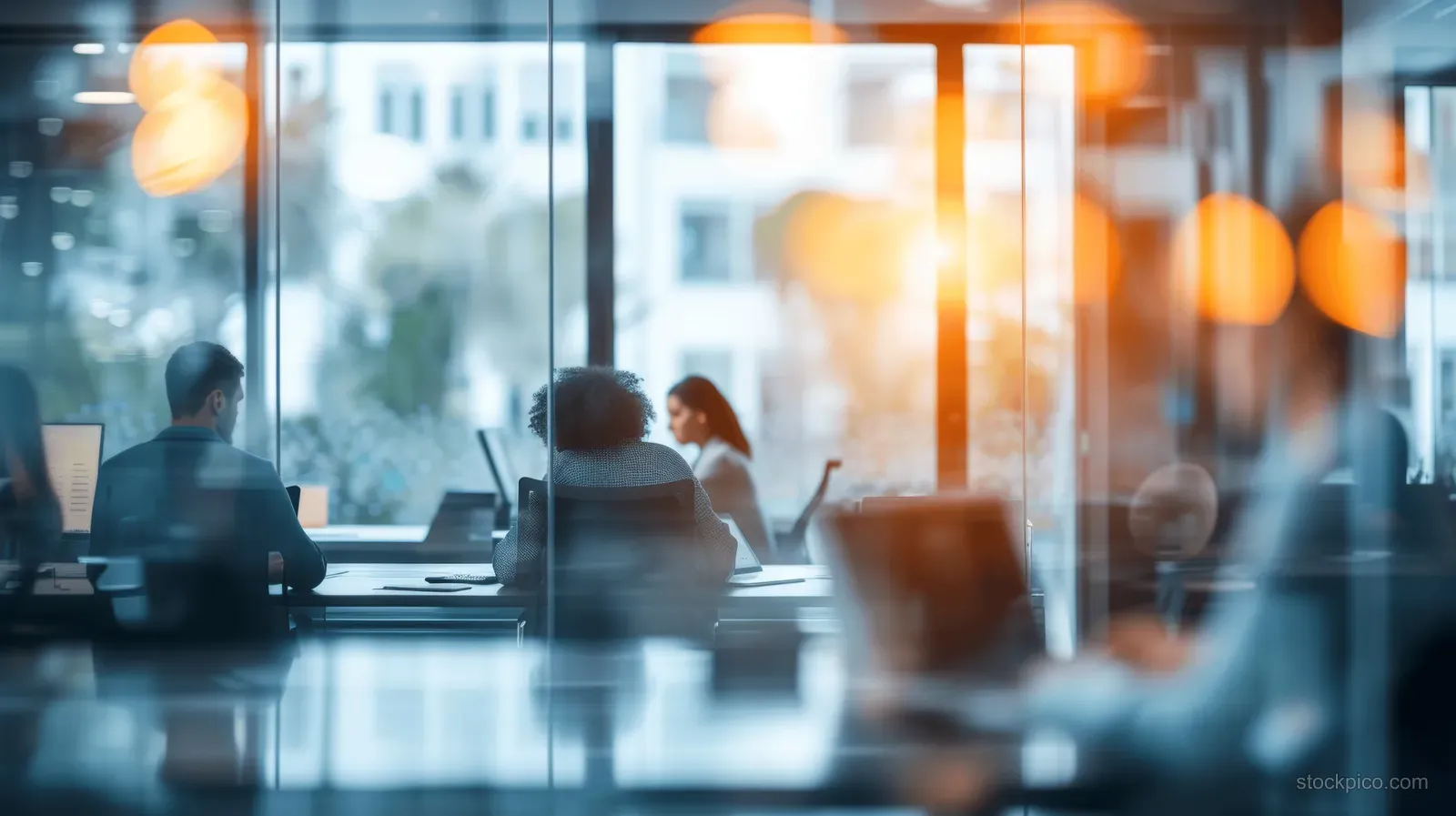 IT professionals work at desks behind a glass wall with computer monitors glowing in a modern office.