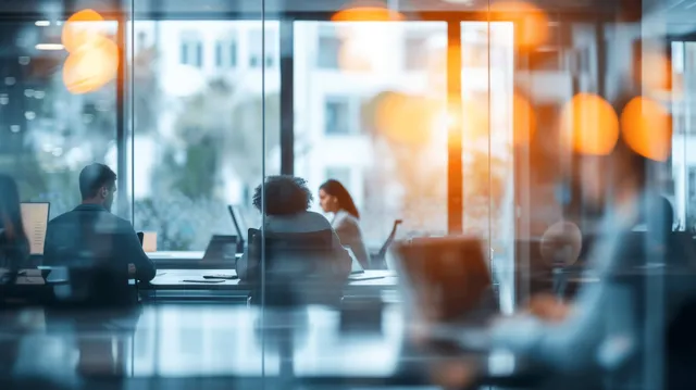 IT professionals work at desks behind a glass wall with computer monitors glowing in a modern office.