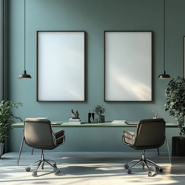 Minimalist office with a green table, two blank framed posters, and swivel chairs beside pendant lights.