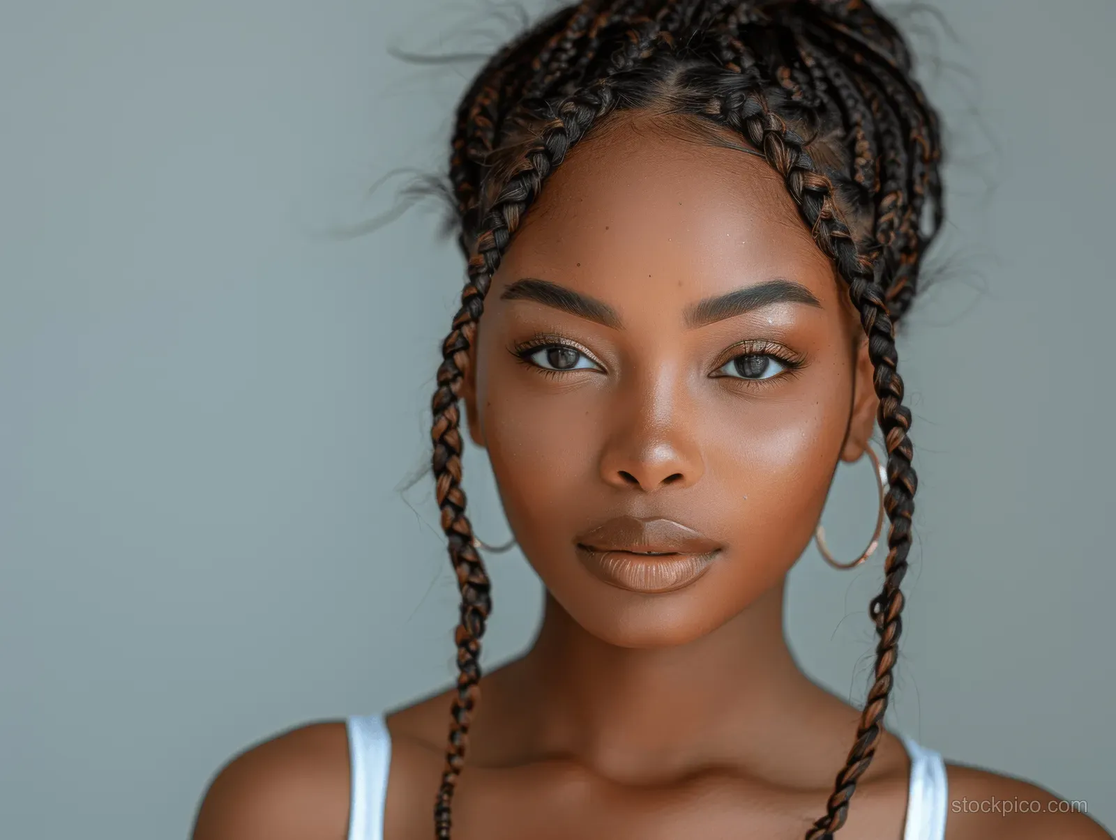 African American woman wearing a white dress with braided hair and earrings in an isolated studio portrait.