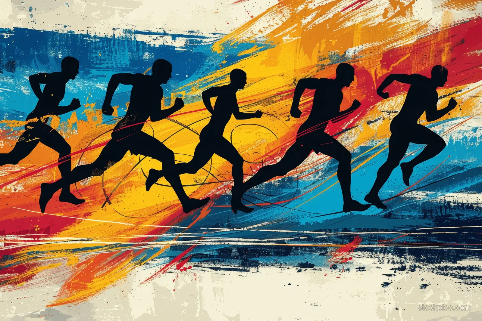 Dynamic vector artwork showcasing Olympic symbols, running silhouettes, and colorful brush strokes on a grunge backdrop.