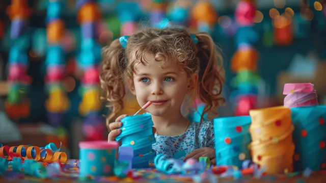 Curly-haired child crafting birthday decorations, holding colorful confetti stick at home party table