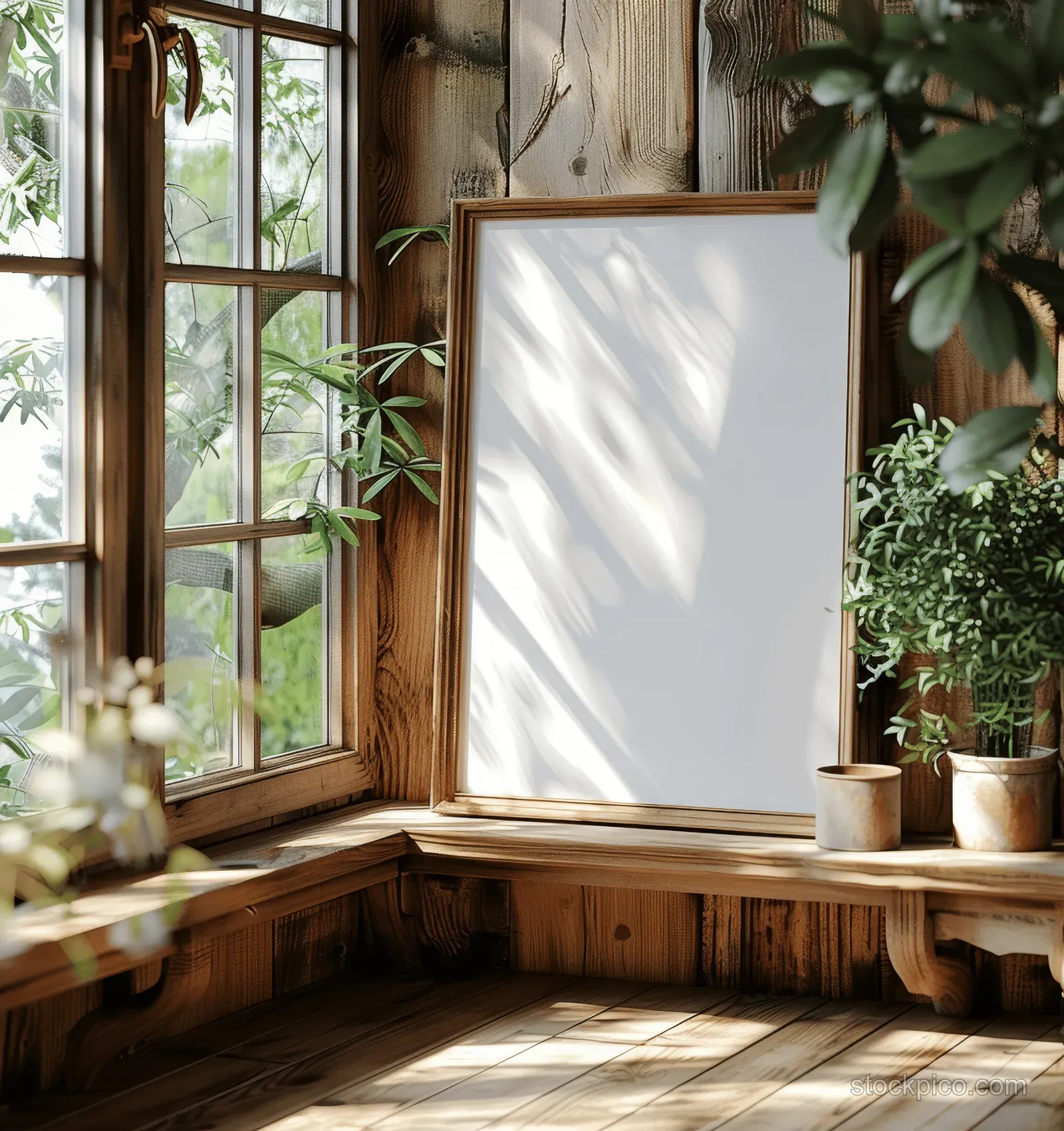 Blank framed poster on a wooden window sill with potted plants and green garden view through glass.