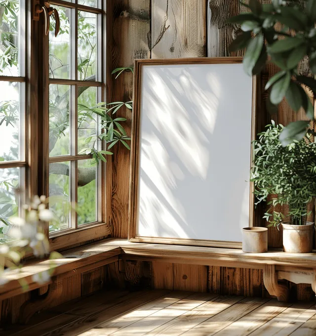 Blank framed poster on a wooden window sill with potted plants and green garden view through glass.