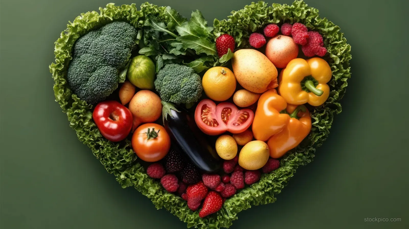 Heart-shaped arrangement of fresh fruits and vegetables on a dark green background.