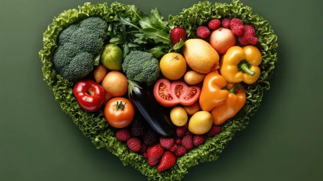 Heart-Shaped Bowl of Fresh Produce and Whole Grains on Green Background