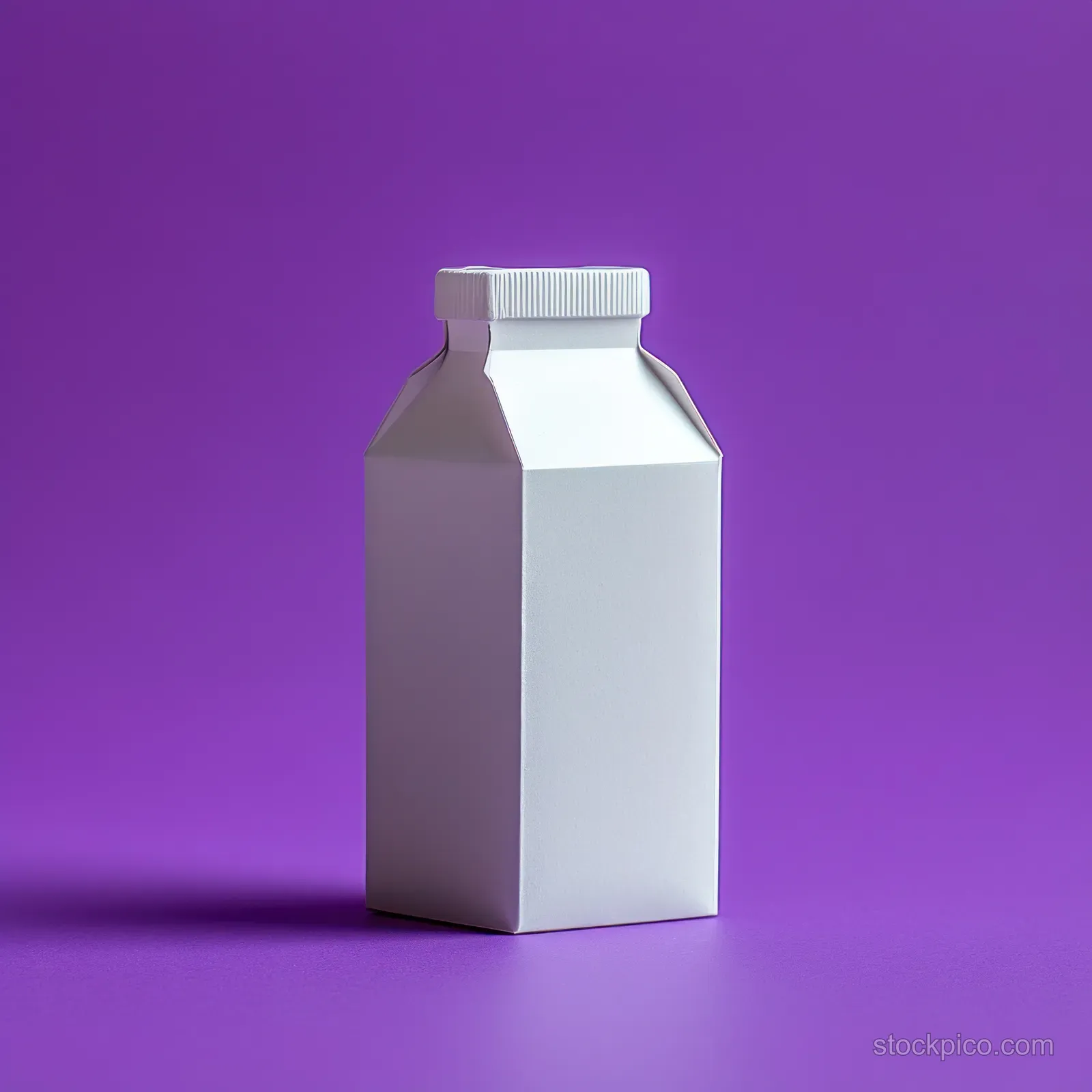 Closed white carton with a screw cap standing on a purple background under studio lighting.