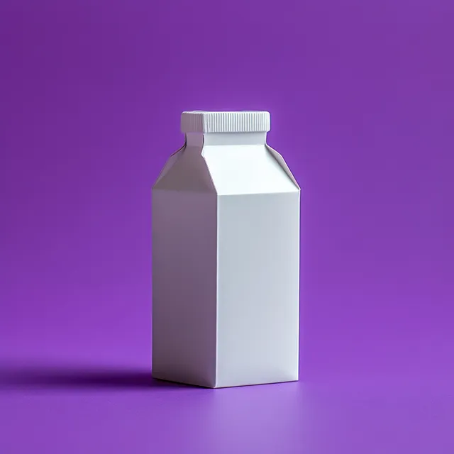 Closed white carton with a screw cap standing on a purple background under studio lighting.