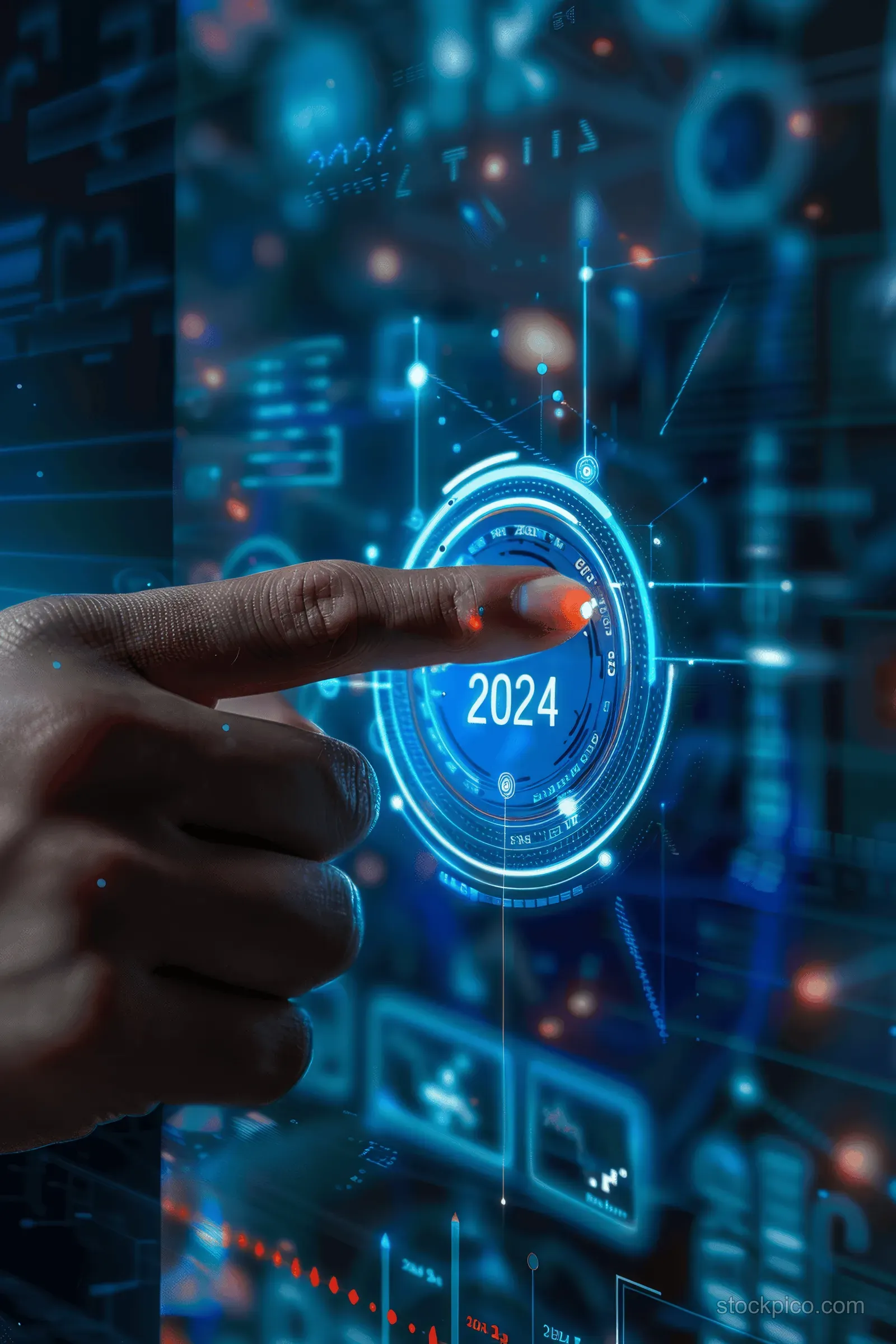 Hand touching a glowing 2024 target ring with digital finance charts and data icons behind it.