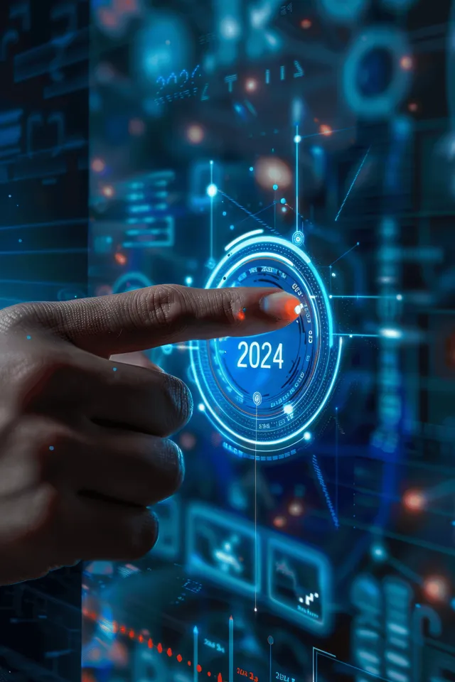 Hand touching a glowing 2024 target ring with digital finance charts and data icons behind it.