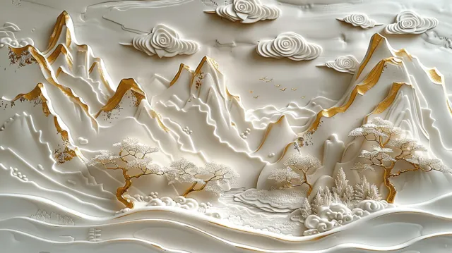 White stucco mountain relief with golden tree shapes and carved cloud swirls on a light gray wall.