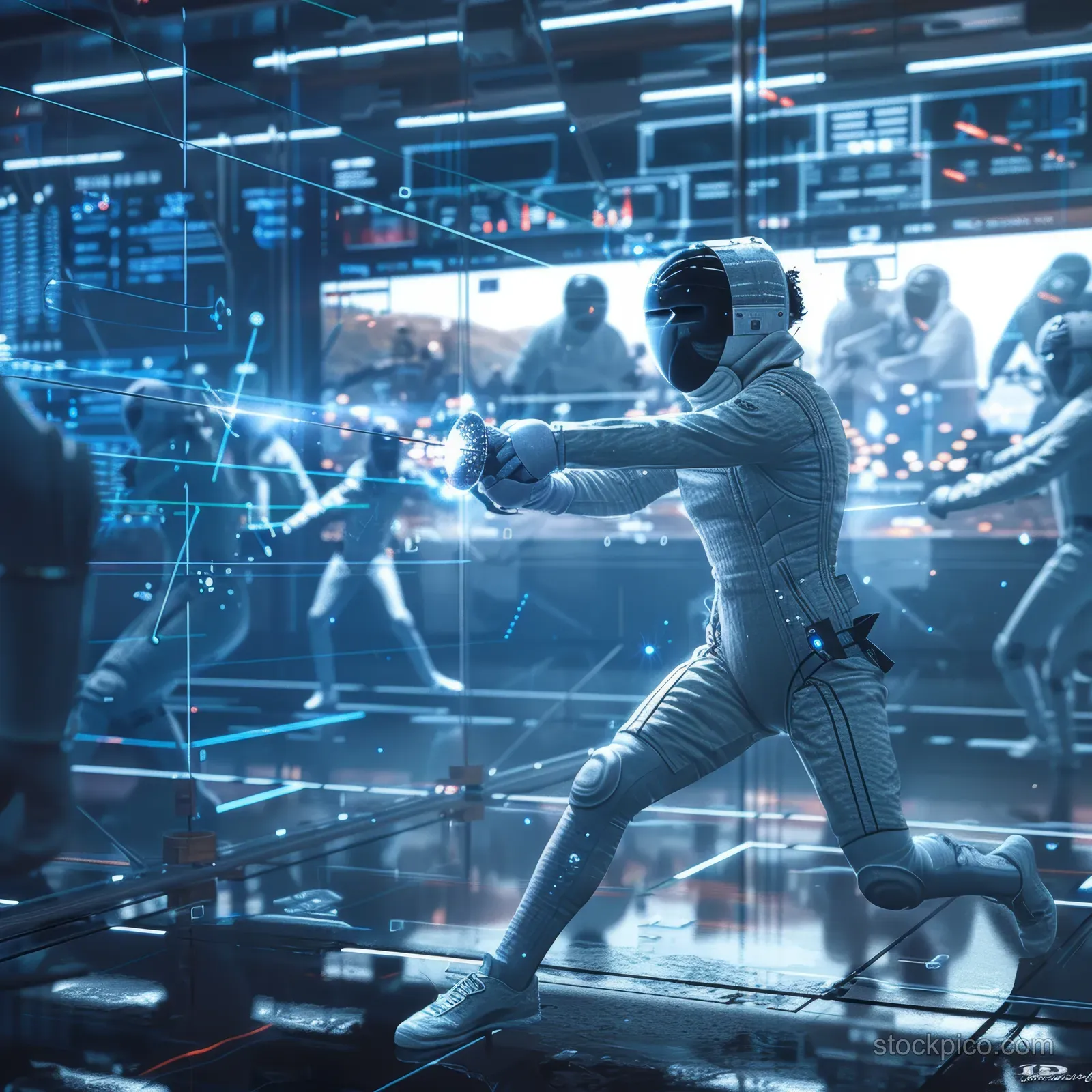 A futuristic Russian foil fencer competes in a high-tech arena filled with digital displays and an electrifying atmosphere.