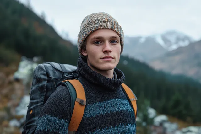 Young traveler in knit beanie and striped sweater with backpack in cloudy mountain forest