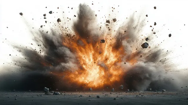 Fiery explosion bursts outward across bare ground, throwing rocks, dust, and thick smoke.