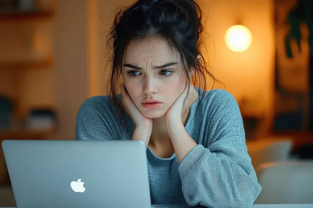 Worried young woman leans on her hand while looking at a laptop screen in warm evening light.