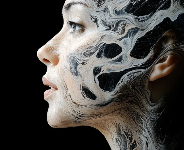 Woman shown in side profile with intricate black and white fluid patterns covering her face on a dark background.