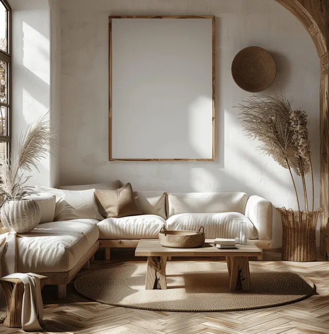 Blank wooden frame hangs above a beige striped sofa with pampas grass and woven decor in a boho living room.