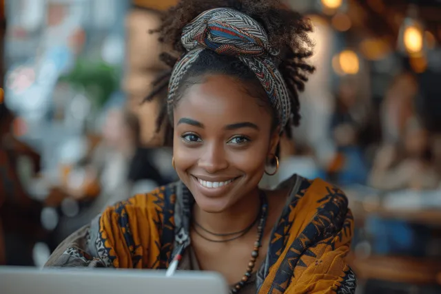 Cheerful young Black woman studying at a coffee shop with laptop and smartphone with Shallow Depth Of Field